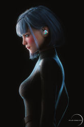 1girl 3d absurdres android arms_at_sides artist_name belt black_background black_bodysuit blue_eyes blunt_bangs bob_cut bodysuit breasts cable dylan_kowalski earplugs eyelashes female_focus from_side glowing glowing_eyes highres light_smile lips looking_away makeup mascara mole nose original parted_lips profile realistic short_hair silver_hair simple_background skin_tight small_breasts solo standing teeth