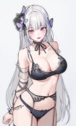 10_plus 1girl arms_behind_head artist_name bare_shoulders black_bra black_garter_belt black_panties black_ribbon blush bra breasts butterfly_hair_ornament cleavage closed_mouth commentary commission cowboy_shot english_text garter_belt grey_background grey_hair hair_ornament hair_ribbon heterochromia highres large_breasts lingerie long_hair looking_at_viewer navel neck_ribbon original panties pink_eyes purple_eyes ribbon simple_background skeb_commission solo standing twitter_username underwear underwear_only very_long_hair