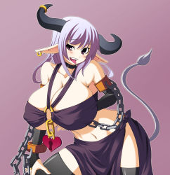 1girl absurdres bandeau bare_shoulders bent_over black_thighhighs breasts chain cow_tail curvy elbow_gloves female_focus gigantic_breasts gloves heart_lock highres horns huge_breasts kokuyouseki lap lock long_hair looking_at_viewer navel nipples open_mouth pointy_ears puffy_nipples purple_eyes purple_hair simple_background skirt solo standing tail thighhighs thighs tongue