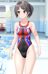 Rule 34 | 1girl, absurdres, black hair, black one-piece swimsuit, breasts, brown eyes, chair, clothes writing, collarbone, commentary request, competition swimsuit, cowboy shot, feet out of frame, flame print, highleg, highres, indoors, lane line, lifeguard chair, medium breasts, multicolored swimsuit, one-piece swimsuit, original, parted bangs, ponytail, pool, poolside, short hair, skindentation, solo, swimsuit, takafumi, variant set