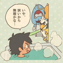 1boy ash_ketchum bathing bathtub black_hair bright_pupils brown_eyes closed_mouth commentary_request dot_nose dracovish dragonite food gen_1_pokemon gen_8_pokemon holding holding_food holding_shield holding_spring_onion holding_sword holding_vegetable holding_weapon horns male_focus mojacookie nintendo official_art open_mouth peeking_out pikachu pokemon pokemon_(anime) pokemon_(creature) pokemon_journeys polka_dot polka_dot_background second-party_source shield short_hair single_horn sirfetch&#039;d smile spring_onion steam sweatdrop sword thick_eyebrows v-shaped_eyebrows vegetable water weapon white_pupils