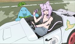 1girl animal_ear_fluff animal_ears bare_arms bare_shoulders bikini bikini_top_only black-framed_eyewear black_bikini black_collar breasts car cat_ears cat_girl cat_tail collar commentary day denim fang fingernails heart_collar highres hololive imamura_ryou jeans large_breasts long_fingernails looking_at_viewer mario_(series) mario_kart medium_hair motor_vehicle nail_polish nekomata_okayu nintendo outdoors pants pianta pink-tinted_eyewear purple_eyes purple_hair purple_nails road round_eyewear sitting solo steering_wheel sunglasses super_mario_sunshine swimsuit tail tinted_eyewear virtual_youtuber wristband