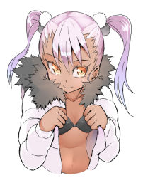 1girl alternate_hairstyle black_bra bra chloe_von_einzbern dark-skinned_female dark_skin fate/kaleid_liner_prisma_illya fate_(series) female_focus flat_chest hair_bobbles hair_ornament jacket loli long_hair nac000 open_clothes open_jacket silver_hair solo twintails underwear yellow_eyes
