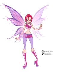 1girl arm_warmers bad_id bad_twitter_id bare_shoulders believix boots chocofish choker closed_mouth collarbone commentary crop_top english_commentary eyelashes fairy fairy_wings full_body hair_between_eyes happy high_heel_boots high_heels highres instagram_username knee_boots layered_shirt leggings lipstick magical_girl makeup midriff nail_polish navel oversized_wings pants_under_shorts pink_arm_warmers pink_boots pink_nails pink_shirt pink_shorts pink_wrist_cuffs purple_choker purple_leggings purple_wings red_eyes red_hair red_lips ribs see-through_clothes see-through_wrist_cuffs shirt short_hair short_shorts shorts simple_background single_arm_warmer single_wrist_cuff sleeveless sleeveless_shirt smile solo standing striped_clothes striped_shorts twitter_username vertical-striped_clothes vertical-striped_shorts w.i.t.c.h. watermark white_background will_vandom wings winx_club wrist_cuffs