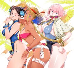 3girls bikini black_hair blonde_hair bob_cut bracelet braid braided_hair_rings breasts cammy_white capcom chun-li double_bun flower hair_bun hair_flower hair_ornament hair_rings hat highleg highleg_one-piece_swimsuit highres jewelry large_breasts low_twin_braids manon_legrand multiple_girls official_alternate_costume official_alternate_hairstyle one-piece_swimsuit pink_bikini pink_hair pouch smile straw_hat street_fighter street_fighter_6 sunglasses swimsuit tan tanline thigh_pouch thigh_strap thighs twin_braids yoichi555p