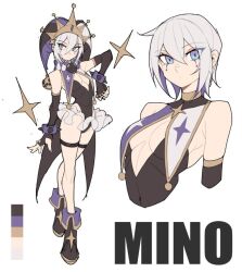 1girl bare_shoulders black_leotard black_shoes blue_eyes boots bracelet breasts character_name closed_mouth color_guide full_body gloves grey_hair hanenosaki hat jester jester_cap jewelry leotard looking_at_viewer medium_breasts mino_(hanenosaki) multiple_views original purple_nails reference_sheet shoes short_hair simple_background thigh_strap white_background