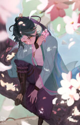 Rule 34 | 1boy, absurdres, alternate hairstyle, black hair, facial mark, flower, forehead mark, genshin impact, gloves, green hair, highres, holding, holding flower, in tree, jewelry, leg up, long hair, male focus, multicolored hair, multiple boys, sazanami (re n rentaro), see-through clothes, sitting, sitting in tree, solo, tree, xiao (genshin impact), yellow eyes
