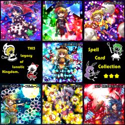 6+girls :d ambiguous_red_liquid american_flag american_flag_dress american_flag_legwear animal_ears bare_shoulders black_dress blonde_hair blue_dress blue_eyes blue_hair bow bowtie chain character_name chinese_clothes closed_eyes clothes_writing clownpiece collar covering_own_mouth dango danmaku doremy_sweet dress earclip fairy_wings flat_cap food hakurei_reimu hat heart hecatia_lapislazuli jacket jester_cap junko_(touhou) kine kirisame_marisa kishin_sagume kochiya_sanae legacy_of_lunatic_kingdom long_hair long_sleeves mallet midriff moon multiple_girls navel nightcap one_eye_closed open_clothes open_mouth orange_shirt pantyhose pom_pom_(clothes) pote_(ptkan) power-up puffy_sleeves purple_dress rabbit_ears red_eyes red_hair reisen_udongein_inaba ribbon ringo_(touhou) sash seiran_(touhou) shirt short_hair short_sleeves silver_hair single_wing skewer skirt smile spell_card star_(symbol) striped t-shirt tabard tail tapir_tail torch touhou very_long_hair wagashi wide_sleeves wings yin_yang