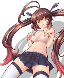 1girl blush bra brown_eyes brown_hair embarrassed from_below girls&#039;_frontline gluteal_fold hair_ribbon hands_on_own_breasts highres long_hair m14_(girls&#039;_frontline) miniskirt navel open_mouth pleated_skirt ranken ribbon shadow simple_background skirt solo sweat thighhighs thighs twintails underwear very_long_hair white_background zettai_ryouiki