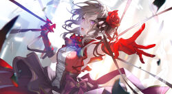1girl absurdres ascot blurry blurry_background bow brown_hair dress dutch_angle elbow_gloves floating_hair flower gloves hair_flower hair_ornament highres miwano_rag official_art open_mouth outstretched_arm outstretched_hand purple_eyes red_dress ribbon sakuragi_maika second-party_source solo standing upper_body utahime_dream