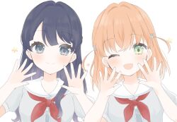 Rule 34 | 2girls, ;d, blue eyes, blue hair, braid, closed mouth, dress, green eyes, grey dress, half up braid, half updo, hands up, hasu no sora school uniform, highres, hinoshita kaho, link! like! love live!, looking at viewer, love live!, multiple girls, murano sayaka, neckerchief, one eye closed, open hands, open mouth, orange hair, puffy short sleeves, puffy sleeves, red neckerchief, sailor collar, school uniform, short sleeves, simple background, smile, split mouth, summer uniform, umi (nana spring), upper body, virtual youtuber, white background, white sailor collar