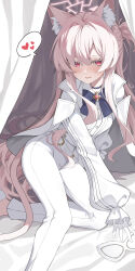 1girl absurdres akira_(blue_archive) animal_ear_fluff animal_ears black_choker blue_archive blush cat_ears cat_tail choker coat colored_eyelashes gloves halo heart highres long_hair long_sleeves looking_at_viewer open_mouth pants pink_hair pink_halo pu_ht red_eyes shirt smile solo spoken_heart tail white_coat white_gloves white_pants white_shirt