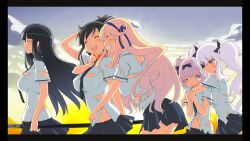 5girls absurdres asuka_(senran_kagura) black_bow black_hair blue_eyes blue_hairband blue_necktie blue_skirt blue_sky blunt_bangs bow breast_press breasts closed_eyes cross-shaped_pupils game_cg gradient_sky hair_bow hairband hanzou_academy_school_uniform hibari_(senran_kagura) highres holding holding_sword holding_weapon hug hug_from_behind ikaruga_(senran_kagura) katsuragi_(senran_kagura) large_breasts long_hair medium_hair morning multiple_girls navel necktie non-web_source official_art one_eye_closed open_mouth orange_sky pillarboxed pink_hair ponytail red_eyes red_scarf scarf school_uniform senran_kagura senran_kagura_shoujo-tachi_no_shin&#039;ei shirt shuriken_hair_ornament skirt sky smile sword symbol-shaped_pupils torn_clothes twintails weapon white_hair white_shirt yaegashi_nan yagyu_(senran_kagura)