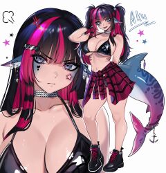 1girl absurdres adramallih anchor_ornament anger_vein animal_ear_piercing animal_ears arm_behind_back bare_arms bare_legs bare_shoulders bikini black_bikini black_hair black_shoes blue_eyes breasts chain choker cleavage clothes_around_waist collarbone contrapposto facial_mark fins fish_tail gills hair_between_eyes hair_ornament hairclip hand_in_own_hair heart heart_facial_mark heart_hair_ornament highres jacket jacket_around_waist large_breasts licking_lips long_hair looking_at_viewer mark_under_both_eyes multicolored_hair multiple_views navel original outline piercing pink_hair puff_of_air shark_tail sharp_teeth shoes simple_background star_(symbol) star_facial_mark stomach streaked_hair striped_clothes striped_jacket swimsuit tail tail_ornament tail_piercing teeth thighs tied_jacket tongue tongue_out twintails white_background white_outline