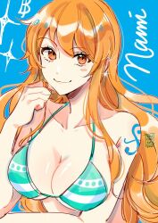 1girl 2025 arm_tattoo bikini bikini_top_only blue_background breasts character_name cleavage coll_(erichankun) collarbone large_breasts long_hair looking_at_viewer nami_(one_piece) nami_(one_piece)_(return_to_sabaody) one_piece orange_eyes orange_hair shoulder_tattoo smile standing swimsuit tattoo watermark