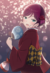 1girl :d absurdres aerial_fireworks alternate_costume aqua_eyes awaomi blue_eyes blurry blurry_background blush checkered_sash commentary_request commission depth_of_field fireworks flower from_side hair_flower hair_ornament hand_fan highres holding holding_fan japanese_clothes kimono kinchaku looking_at_viewer looking_to_the_side love_live! love_live!_school_idol_project mole mole_under_eye night night_sky obi open_mouth paper_fan parted_bangs pixiv_commission pouch purple_hair red_hair red_kimono sash sky smile solo todo_erena uchiwa upper_body yellow_sash