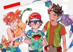 1girl 2boys ;) ^_^ ash_ketchum baseball_cap black_hair blush brock_(pokemon) brown_hair bulbasaur closed_eyes creatures_(company) crobat closed_eyes fangs game_freak gen_1_pokemon gen_2_pokemon green_eyes happy hat midriff misty_(pokemon) multiple_boys navel nintendo one_eye_closed open_mouth orange_hair pants pikachu pokemon pokemon_(anime) pokemon_(classic_anime) pokemon_(creature) shirt short_sleeves shorts smile staryu suspenders teeth