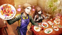 1boy 1girl apron black_jacket blonde_hair blue_apron brown_eyes brown_hair chair character_name chewing eating flower food fork green_jacket grey_eyes grin heart highres holding holding_fork holding_knife holding_plate jacket jujo_miu knife long_hair looking_ahead looking_at_another male_focus non-web_source official_art on_chair one_eye_closed pancake pink_flower pink_rose plate rose short_hair sitting smile sparkle steak table takinogawa_jio tiered_tray tribe_nine