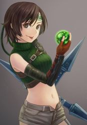 1girl brown_background brown_eyes brown_hair brown_shorts commentary cowboy_shot cropped_sweater final_fantasy final_fantasy_vii final_fantasy_vii_remake fingerless_gloves gloves gradient_background headband highres holding holding_weapon huge_weapon kaeru_(csit24) looking_at_viewer materia midriff navel open_fly ribbed_sweater short_hair shorts shuriken sleeveless sleeveless_turtleneck solo sweater tongue tongue_out turtleneck turtleneck_sweater weapon yuffie_kisaragi