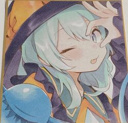 1girl ;p black_hat bow commentary frilled_sleeves frills green_eyes green_hair hair_between_eyes hat hat_bow highres komeiji_koishi long_sleeves looking_at_viewer marker_(medium) moni_monico one_eye_closed portrait ribbon shikishi shirt solo third_eye tongue tongue_out touhou traditional_media yellow_bow yellow_ribbon yellow_shirt