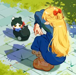 0waff537 1girl animalization blonde_hair blue_capelet blue_robe boots bow brick_road brown_boots capelet cat cat_shadow_puppet_(meme) double_w dungeon_meshi elf fish food_in_mouth grass hair_bow hands_up highres izutsumi long_hair looking_at_another marcille_donato mouth_hold outdoors photo-referenced pointy_ears red_bow robe shadow squatting w