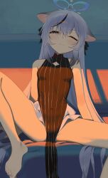 1girl absurdres animal_ears barefoot black_dress blue_archive blue_halo blush bow breasts clothing_cutout commentary covered_navel dress hair_bow half-closed_eye halo highres indoors kokona_(blue_archive) legs long_hair one_eye_closed pelvic_curtain sitting sleeveless sleeveless_dress small_breasts solo sunlight syhan wavy_mouth white_hair