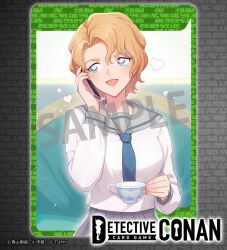 1girl :d blue_eyes blue_necktie brown_hair card_(medium) cellphone copyright_logo copyright_notice cup grey_sailor_collar grey_skirt heart highres holding holding_cup holding_phone long_sleeves looking_to_the_side meitantei_conan nanatsu_naka necktie official_art oooka_momiji open_mouth phone pleated_skirt red_nails sailor_collar sample_watermark school_uniform serafuku shirt short_hair skirt smartphone smile solo standing talking_on_phone teacup watermark wavy_hair white_shirt