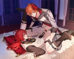 Rule 34 | 2boys, anal, bar censor, bed, black necktie, blue eyes, brown shirt, brown socks, censored, diluc (genshin impact), earrings, genshin impact, grey pants, grey shirt, hair between eyes, hiki yuichi, jewelry, long hair, lying, male focus, mask, mask on head, multiple boys, necktie, open clothes, open shirt, orange hair, pants, penis, pubic hair, red eyes, red hair, sex, shirt, short hair, socks, spread legs, tartaglia (genshin impact), testicles, vest, white vest, yaoi