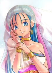 1girl bare_shoulders blue_eyes blue_hair bow bracelet collarbone commentary_request dragon_quest dragon_quest_v dress earrings flora_(dq5) gold_bracelet gold_choker gold_dress gold_earrings hair_bow hair_pulled_back highres jewelry long_hair looking_to_the_side multicolored_dress pekuchin_(pekuchin_3) pink_bow pink_dress single-shoulder_dress smile solo upper_body veil white_background white_dress white_veil