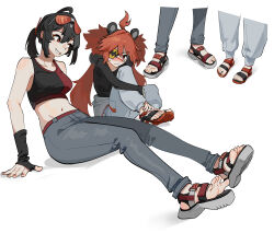 2girls absurdres black_hair blush er_ling_balu feet grace_howard grin highres koleda_belobog long_hair midriff multiple_girls multiple_views pants ponytail red_hair sandals simple_background sitting smile toenails toes white_background zenless_zone_zero