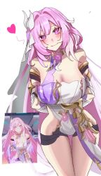 Rule 34 | 1girl, arms behind back, bare shoulders, black shorts, breasts, cleavage, commentary request, corset, diamond-shaped pupils, diamond (shape), elysia (herrscher of human: ego) (honkai impact), elysia (honkai impact), gettou0 0, heart, highres, honkai (series), honkai impact 3rd, large breasts, long hair, looking at viewer, micro shorts, pink hair, purple eyes, reference inset, shorts, simple background, smile, solo, symbol-shaped pupils, thighs, triquetra, veil, very long hair, white background, white corset, white veil