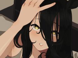 1girl black_hair blush bra grey_bra hair_between_eyes hand_on_own_head hand_up highres kumabachi315 long_hair long_hair_between_eyes manhattan_cafe_(umamusume) parted_lips solo umamusume underwear very_long_hair yellow_eyes