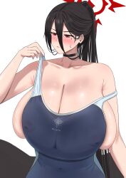 1girl black_choker black_hair black_wings blue_archive blue_one-piece_swimsuit blush breasts choker cleavage clothes_pull covered_erect_nipples covered_navel embarrassed gigantic_breasts hair_between_eyes halo hasumi_(blue_archive) huge_breasts lips long_hair low_wings mmm_(mmm22) mole mole_under_eye off-shoulder_one-piece_swimsuit one-piece_swimsuit one-piece_swimsuit_pull ponytail red_eyes school_swimsuit skindentation solo standing sweat swimsuit toudou_(omiseyasan_22) undersized_clothes very_long_hair white_background wings