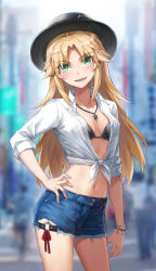1girl bikini bikini_top_only black_bikini black_hat blonde_hair blue_shorts blush breasts collarbone collared_shirt commentary_request cutoffs denim denim_shorts dress_shirt fate/apocrypha fate_(series) green_eyes hair_down hat highres jewelry long_hair long_sleeves looking_at_viewer mordred_(fate) mordred_(fate/apocrypha) navel necklace open_mouth parted_bangs shirt short_shorts shorts sidelocks small_breasts smile solo swimsuit tied_shirt tonee white_shirt