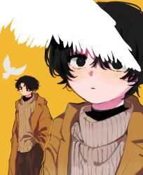 1boy 4rane_tu bird black_eyes black_hair brown_coat brown_sweater coat commentary hand_in_pocket highres long_sleeves male_focus mole mole_under_eye open_clothes open_coat orange_background original pants ribbed_sweater simple_background sweater symbol-only_commentary turtleneck turtleneck_sweater