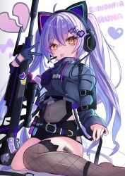 1girl absurdres ahoge animal_ear_headphones animal_ears black_gloves character_name cropped_jacket fake_animal_ears gloves gun hair_ornament hairclip headphones heart heart_hair_ornament highres looking_at_viewer multicolored_hair navel purple_hair see-through_clothes shinomiya_runa shinomiya_runa_(3rd_costume) single_thighhigh sitting solo soma443 streaked_hair thighhighs tongue tongue_out twintails virtual_youtuber vspo! weapon yellow_eyes