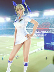 1girl 3d blonde_hair blue_eyes breasts clothes_writing covered_erect_nipples female_focus incise_soul japan jersey legs m-rs medium_breasts original soccer solo sportswear twintails world_cup