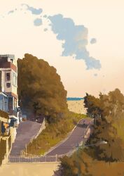 1girl building cloud hill house lamppost original painting_(medium) railing road scenery sky slow_d solo traditional_media utility_pole white_sky