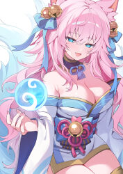 1girl absurdres ahri_(league_of_legends) animal_ears aqua_eyes armpit_crease bare_shoulders bell blue_kimono blue_ribbon blue_tail blush breasts cleavage collar commentary detached_collar facial_mark fang fox_ears fox_girl fox_tail hair_bell hair_between_eyes hair_ornament hair_ribbon highres japanese_clothes jingle_bell kimono large_breasts league_of_legends long_hair long_sleeves nail_polish open_mouth pelicana pink_hair pink_lips pink_nails purple_collar ribbon simple_background skin_fang smile solo spirit_blossom_ahri tail thighs whisker_markings white_background wide_sleeves yellow_theme