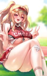1girl :d bare_shoulders blonde_hair blurry blurry_background blush breasts cheerleader clay_(nikke) collared_shirt commentary_request cropped_shirt crossed_legs day double_v earrings feet_out_of_frame gauze_on_knee goddess_of_victory:_nikke hair_between_eyes hair_intakes hair_ornament hairclip hat heart heart-shaped_pupils highres jewelry large_breasts long_hair looking_at_viewer microskirt open_mouth outdoors pink_nails pleated_skirt red_eyes red_hat red_skirt running_track shirt skirt sleeveless sleeveless_shirt smile socks solo sweat symbol-shaped_pupils tassel tassel_earrings teeth toriseru_(rare_stone) two_side_up underboob upper_teeth_only v visor_cap whistle whistle_around_neck white_socks
