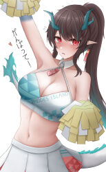 1girl absurdres alternate_costume alternate_hairstyle arknights arm_up bare_shoulders black_hair blue_hair blush breasts character_name cheering cheerleader cleavage crop_top detached_collar dragon_girl dragon_horns dragon_tail dusk_(arknights) embarrassed frown gradient_hair hand_up highres horns long_hair looking_at_viewer medium_breasts midriff millennium_cheerleader_outfit_(blue_archive) miniskirt multicolored_hair namikare navel nervous pleated_skirt pom_pom_(cheerleading) ponytail red_eyes shirt skirt sleeveless sleeveless_shirt slit_pupils solo streaked_hair tail tears translation_request two-tone_hair two-tone_shirt unhappy very_long_hair white_skirt