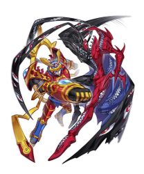 Rule 34 | abbadomon, abbadomon core, armor, battle, black skin, blue armor, blue eyes, clenched hand, colored skin, confeito000 333, digimon, digimon (creature), dodging, extra eyes, extra mouth, highres, multicolored skin, red armor, red eyes, red skin, sharp teeth, simple background, susanoomon, teeth, twitter username, two-tone skin, white background