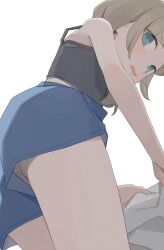 1girl black_camisole blue_eyes blue_shorts brown_hair camisole commentary_request highres hiroki_(yyqw7151) looking_at_viewer open_mouth original short_hair shorts simple_background solo thighs white_background