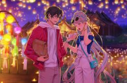 Rule 34 | 1boy, 1girl, absurdres, bag, black hair, blue bag, blue hair, blue shirt, bracelet, braid, braided hair rings, constantine xi (event portrait) (fate), constantine xi (fate), cowboy shot, dnstar 1019, drawstring, earrings, eyewear on head, fate/grand order, fate (series), flower, food, grey eyes, grey hair, grey pants, hair between eyes, hair bun, hair flower, hair ornament, hair rings, hand on another&#039;s arm, hand up, highres, holding, holding bag, holding food, hood, hoodie, jacket, jewelry, johanna (event portrait) (fate), johanna (fate), korean commentary, long hair, long sleeves, looking at food, multicolored eyes, multicolored hair, nail polish, necklace, off-shoulder shirt, off shoulder, open clothes, open jacket, open mouth, outdoors, overalls, pants, parted bangs, pink flower, purple eyes, red jacket, sharing food, shirt, short hair, shoulder bag, standing, streaked hair, sunglasses, swept bangs, taco, teeth, tucking hair, two-tone eyes, very long hair, watch, white hoodie, white nails, white overalls, wristwatch, yellow eyes, zipper, zipper pull tab