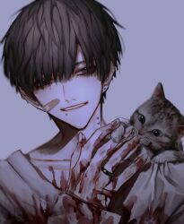 1boy animal animal_on_shoulder bandaid bandaid_on_face blood blood_on_clothes blood_on_hands blue_eyes brown_hair cat collarbone earrings hair_over_eyes highres jewelry kadoi_oe long_sleeves looking_at_another male_focus mole mole_under_eye mole_under_mouth neck_tattoo open_mouth original ring shirt short_hair smile solo tattoo teeth white_shirt