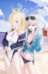 Rule 34 | 2girls, alternate costume, bare shoulders, beach, bikini, black bikini, black jacket, blonde hair, blue archive, blue eyes, blue shirt, blush, breasts, clenched teeth, drink, eyewear on head, fieryonion, floral print, grey eyes, grey hair, hair over one eye, highres, holding, holding drink, jacket, kanna (blue archive), kanna (swimsuit) (blue archive), konoka (blue archive), long hair, multiple girls, navel, ocean, official alternate costume, official alternate hairstyle, one-piece swimsuit, open mouth, ponytail, sharp teeth, shirt, sidelocks, stomach, sunglasses, swimsuit, teeth, tied shirt, white one-piece swimsuit
