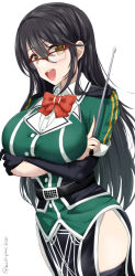 1girl bespectacled black_gloves black_hair blush bow bowtie breasts brown_eyes chamumi_(mochiumee) chikuma_(kancolle) chikuma_kai_ni_(kancolle) cowboy_shot crossed_arms elbow_gloves glasses gloves highres kantai_collection large_breasts long_hair long_skirt looking_at_viewer over-rim_eyewear pelvic_curtain pointer puffy_short_sleeves puffy_sleeves red-framed_eyewear red_bow red_bowtie revision semi-rimless_eyewear short_sleeves side_slit simple_background single_elbow_glove single_glove single_thighhigh skirt smile solo thighhighs white_background