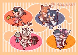 5girls absurdres african_penguin_(kemono_friends) animal animal_ears animal_print bird bird_girl bird_tail bird_wings black_hair brown_hair chapman&#039;s_zebra_(kemono_friends) commentary_request extra_ears feathered_wings flag grey_hair grey_wolf_(kemono_friends) head_wings heterochromia highres ichihachiharu italian_wolf_(kemono_friends) kemono_friends kemono_friends_v_project long_hair looking_at_viewer microphone multiple_girls one_eye_closed orange_background penguin_girl penguin_tail short_hair simple_background spot-billed_duck_(kemono_friends) tail virtual_youtuber wings wolf_ears wolf_girl wolf_tail zebra_ears zebra_girl zebra_print zebra_tail