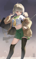 1girl absurdres araga_kiwi asymmetrical_legwear bag black_thighhighs blonde_hair brown_jacket commentary_request crop_top dark_background fang gradient_background green_sailor_collar green_skirt gun highres jacket koshouko_(fenrisulfr1010) low_ponytail mahou_shoujo_ni_akogarete midriff mole mole_under_eye navel neckerchief open_mouth ponytail red_eyes sailor_collar school_bag school_uniform shirt skirt smile smug thighhighs venalita weapon white_shirt yellow_neckerchief