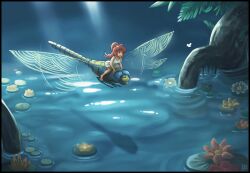 1girl bad_link breasts bug dappled_sunlight day dragonfly dress felarya flower grass insect insect_wings karbo leaf light_rays lily_pad lotus nature outdoors petals petals_on_liquid plant ponytail puddle ripples scenery shade shadow smile sunbeam sunlight tree water wet white_dress wings